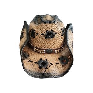 Summit Hats Sz. L/XL Brown Western Pinch Front Leather Beaded BandStraw Hat Boho